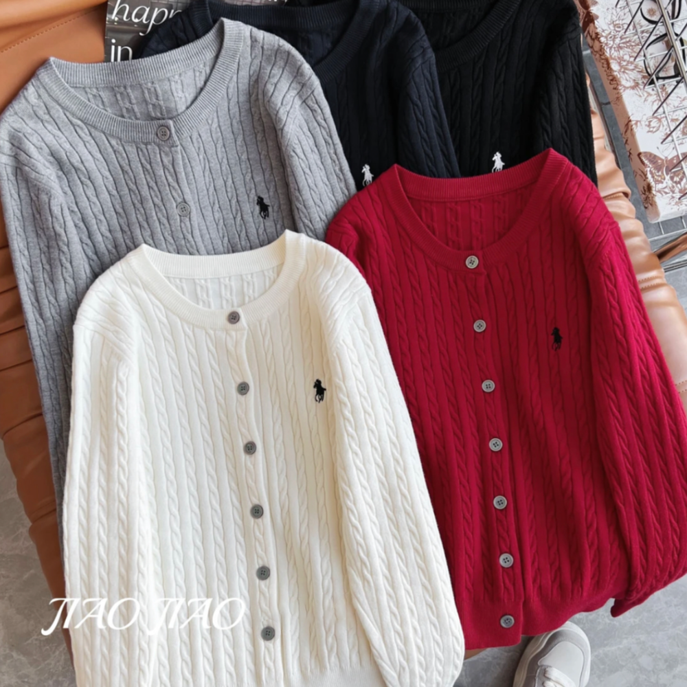 麻花毛衣开衫外套女秋冬2025新款圆领刺绣长袖针织衫修身显瘦打底