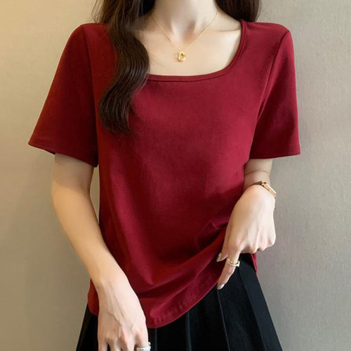 正肩方领短袖T恤女夏季微胖mm大码女装宽松显瘦纯色气质减龄上衣