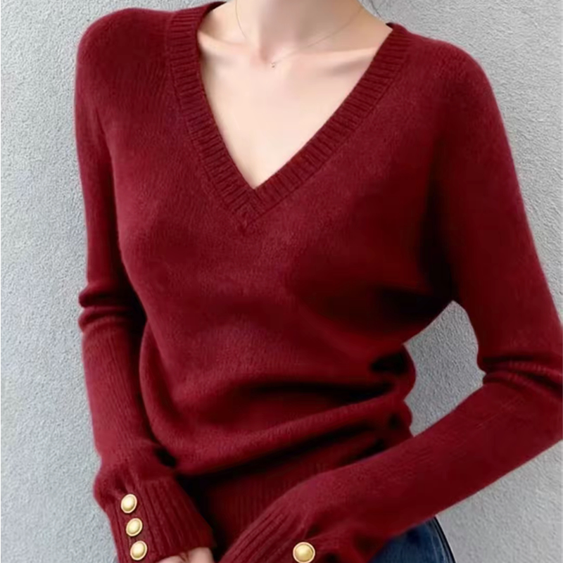 红色毛衣女秋冬新款韩版V领针织打底衫女修身显瘦百搭时尚上衣