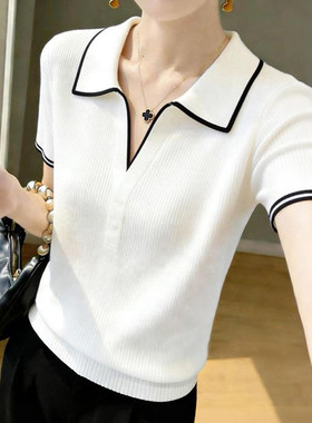 polo领针织衫女款夏装2026新款高级感百搭修身显瘦正肩短袖上衣女