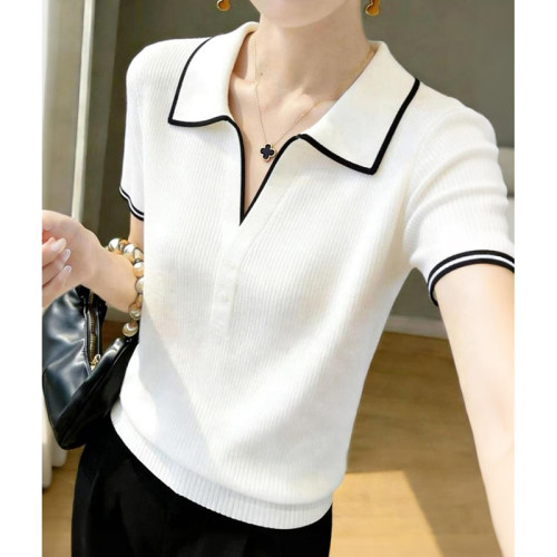 polo领针织衫女款夏装2026新款高级感百搭修身显瘦正肩短袖上衣女