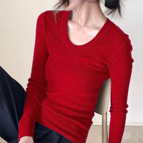 羊毛打底衫女春秋2026新款u领针织衫女修身显瘦薄款毛衣红色上衣