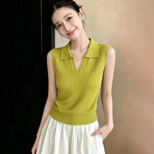 竖坑条针织背心女外穿可内搭打底2026夏季新款polo翻领无袖上衣女