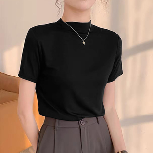 正肩短袖t恤女装春款2026新款高级感穿搭时尚百搭修身小立领上衣