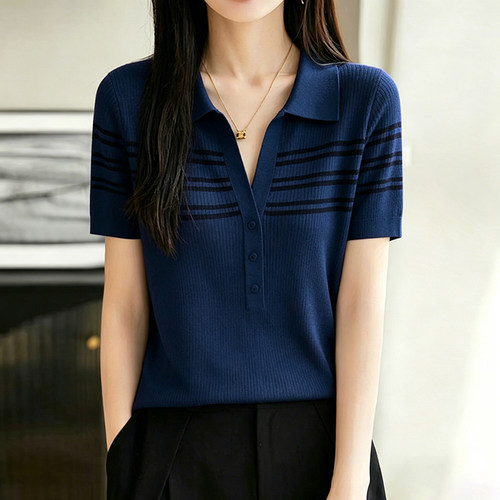 polo领针织衫女款爆款2026新款高级感休闲百搭正肩短袖条纹上衣女