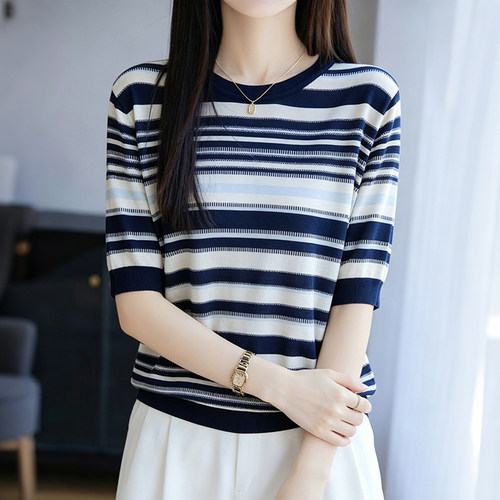 桑蚕丝羊毛针织衫女夏季2026新款时尚洋气百搭圆领短袖t恤女上衣