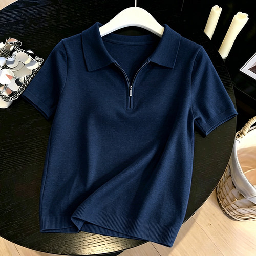 拉链polo衫女款爆款2026新款高级感洋气时尚百搭短袖针织女士上衣