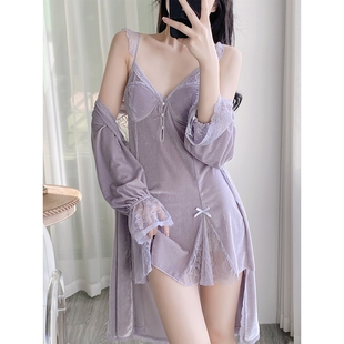 罗丽丝新款性感睡衣女秋冬金丝绒吊带睡裙睡袍蕾丝带胸垫纯欲两件