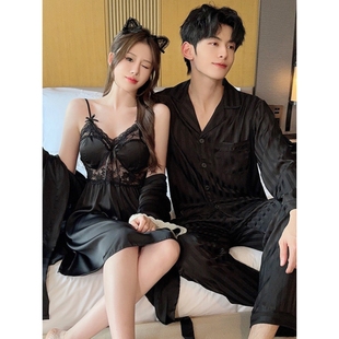 罗丽丝情侣睡衣春夏季薄款冰丝绸女性感吊带两件套家居服男长袖20