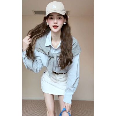 n早春新款韩披肩条纹衬衫上衣