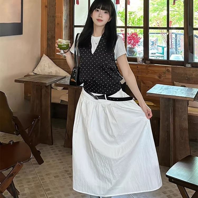 夏季新款温柔气质波点马甲+白色T恤上衣+高腰半身长裙女三件套装