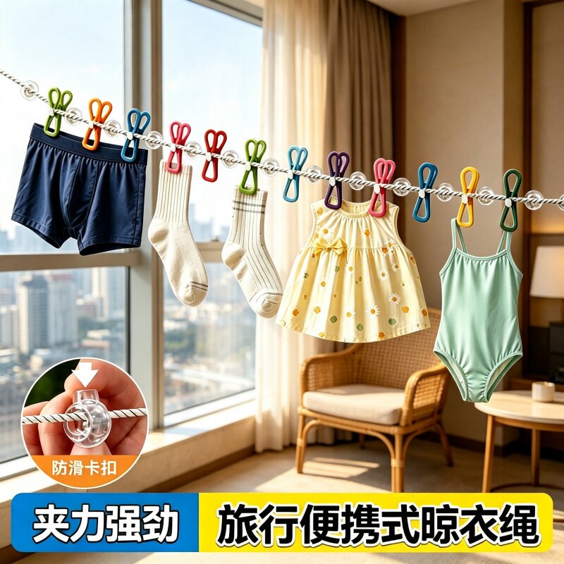 旅行便携晾衣绳酒店晾衣服带夹子图片