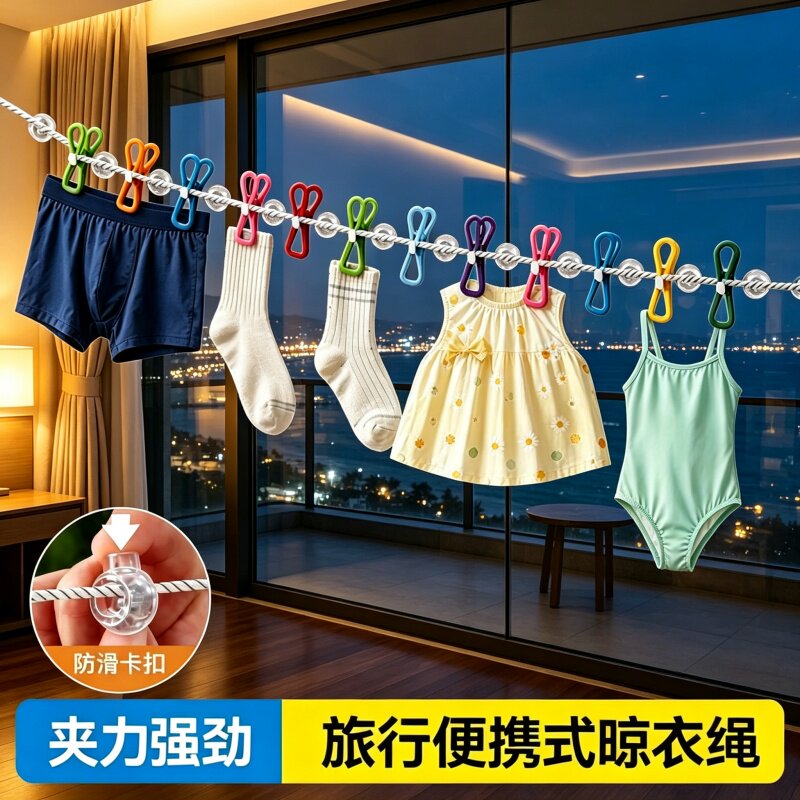 旅行便携晾衣绳酒店晾衣服带夹子图片