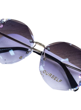 2021新款无框多边形镶钻花朵太阳镜女圆脸大脸 不规则墨镜女