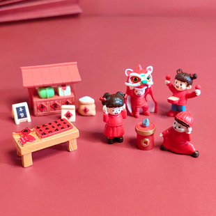 微景观新年舞狮娃娃diy年货小摊摆件迷你舞狮炮竹模型春节小装饰