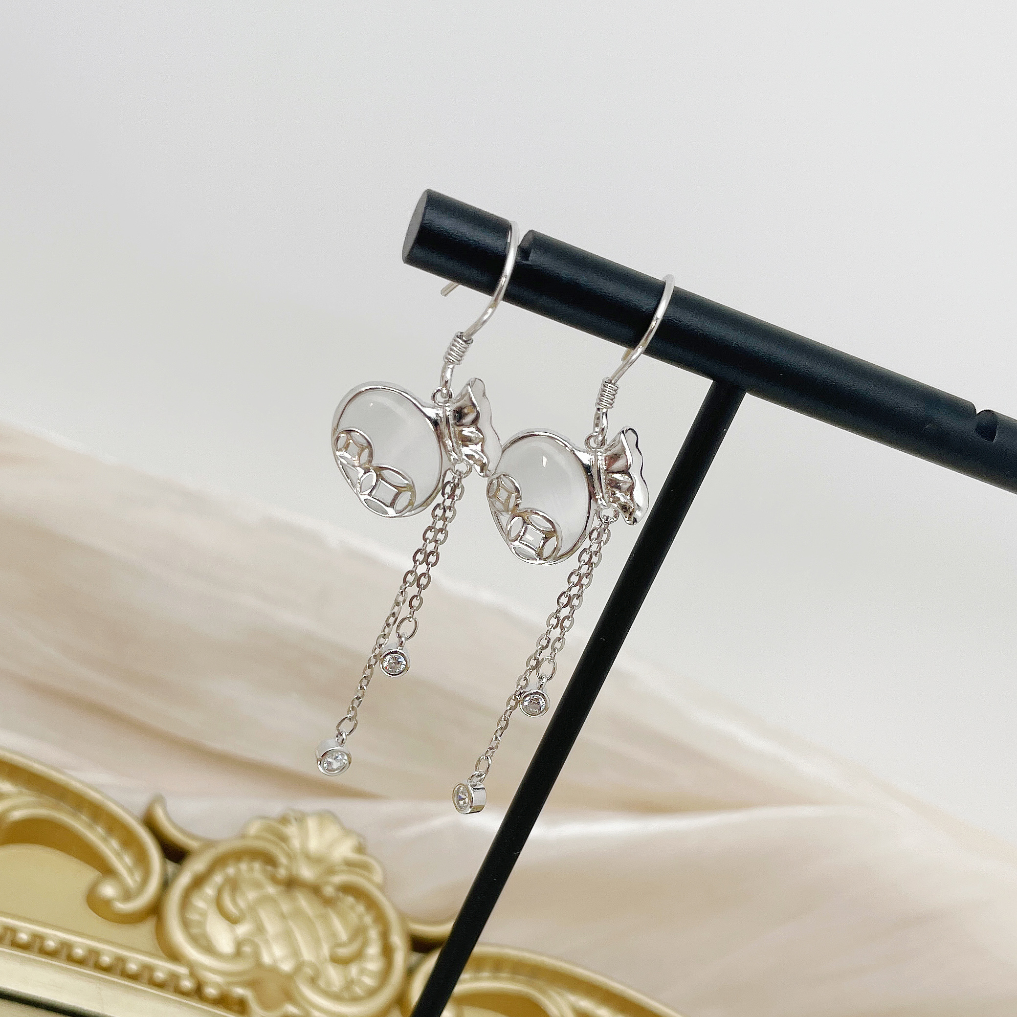 新中式纯银国风猫眼石气质耳环