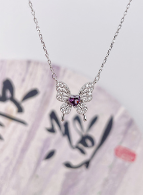 S999纯银紫色钻石蝴蝶项链锁骨链