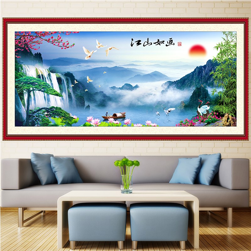 江山如此多娇自粘油画布客厅沙发背景墙装饰画山水风景画墙贴壁画