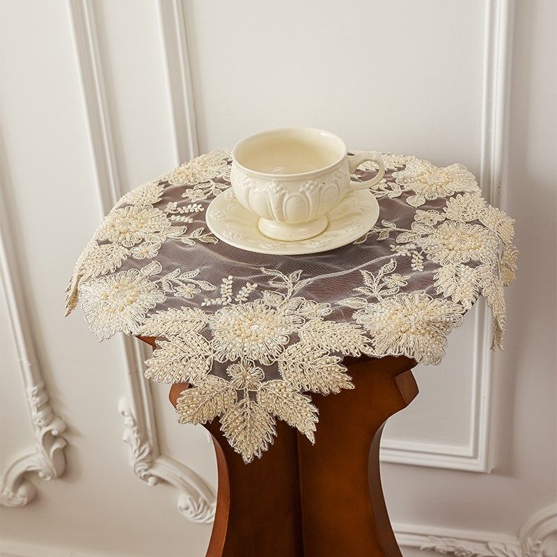 蕾丝刺绣餐垫桌面盖巾奢华圆形桌布小花架茶具装饰垫边几角几盖布