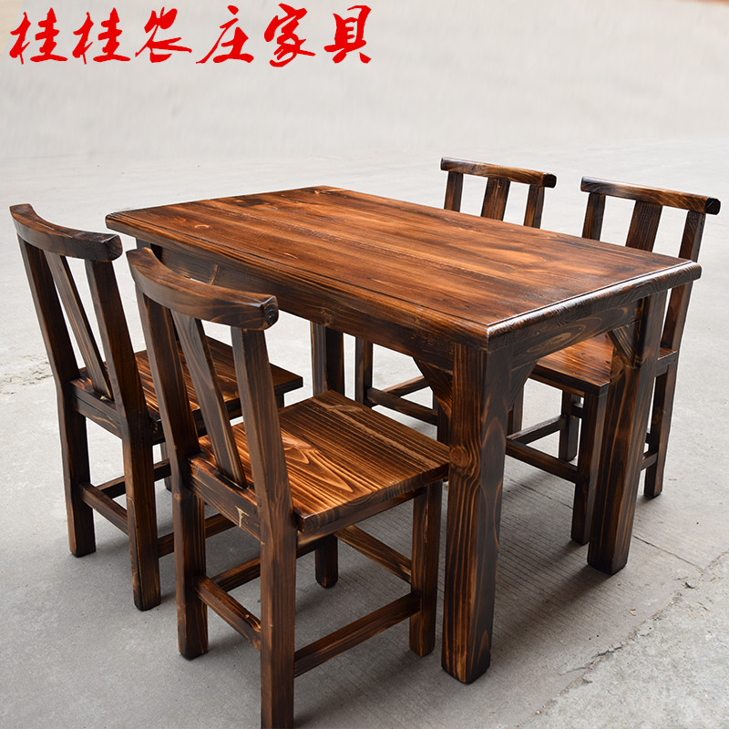 饭店实木桌子圆桌餐厅餐椅农庄桌子椅子加厚松木炭烧桌面馆木桌椅