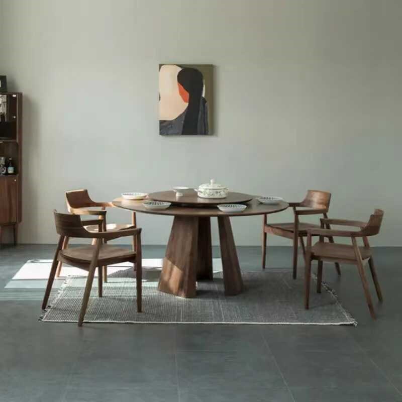 原木复古做旧实木餐桌别墅美式乡村圆桌带转盘洽谈桌咖啡桌圆形桌