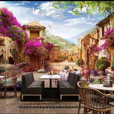 浪漫欧式小镇复古城市街景壁纸餐厅咖啡厅背景墙纸3d风景建筑壁画