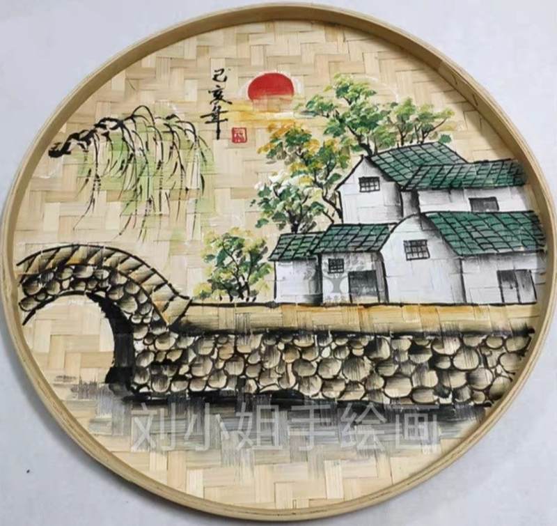 山水簸箕画纯手工簸箕画圆形簸箕画竹编饰品复古装饰画墙面餐厅挂图片