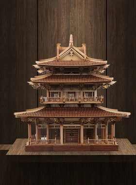 木质古建筑摆件木雕亭子新中式创意书房办公室进门玄关软装饰品