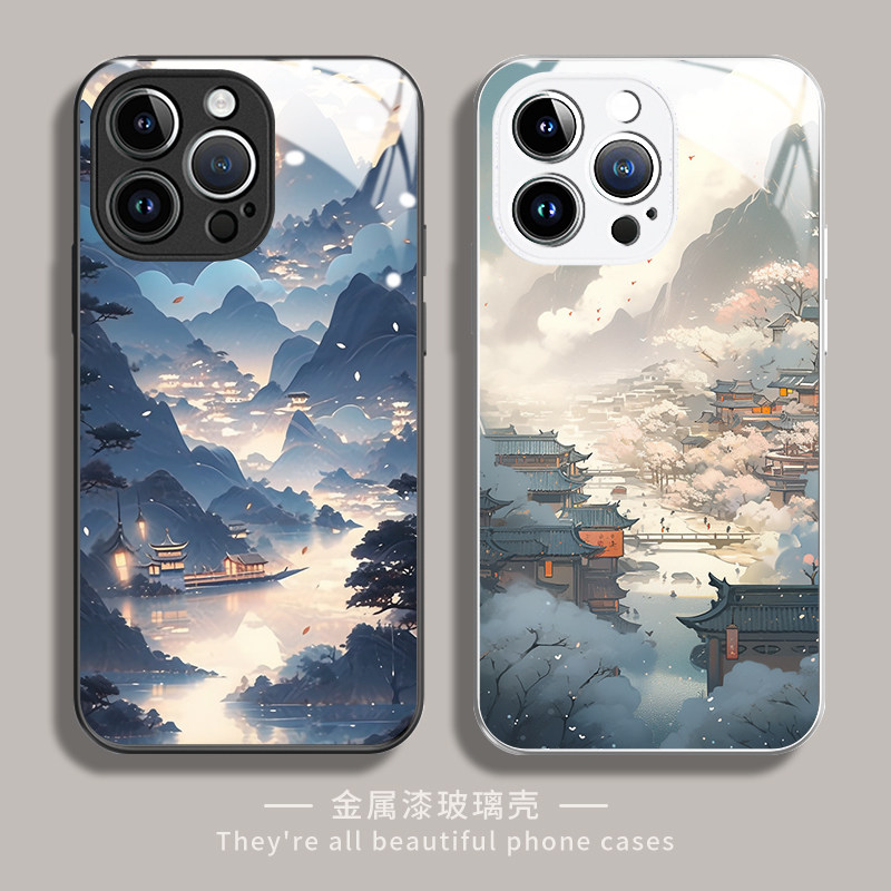 适用苹果iphone11pro手机壳13新款15山水风景14金属漆玻璃12promax全包防摔7唯美6s高级8plus古风xsmax保护套