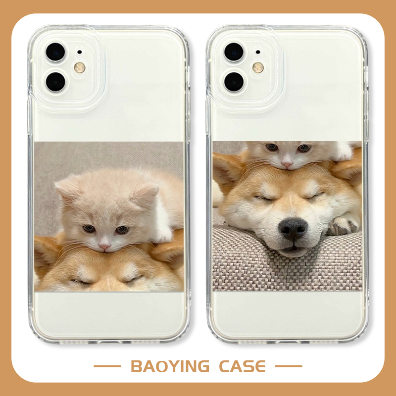 猫狗情侣适用iPhone13手机壳15柴犬苹果14Pro透明12mini任意机型11恩爱xsmax一对xr新款x创意网红潮8p套7防摔