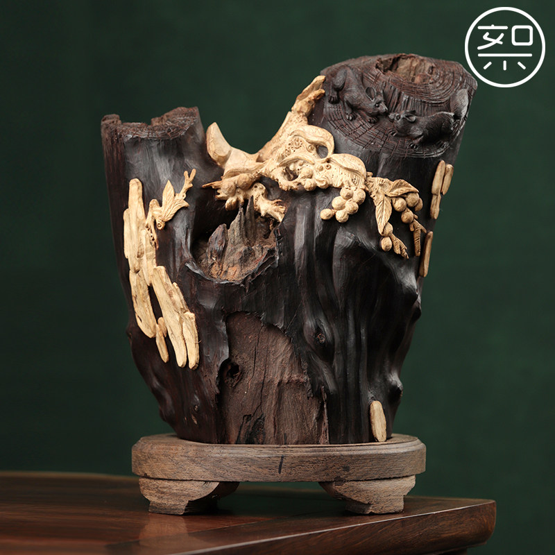 絮旧 松树摆件 印度小叶紫檀木雕工艺品家居饰品中式复古客厅玄关
