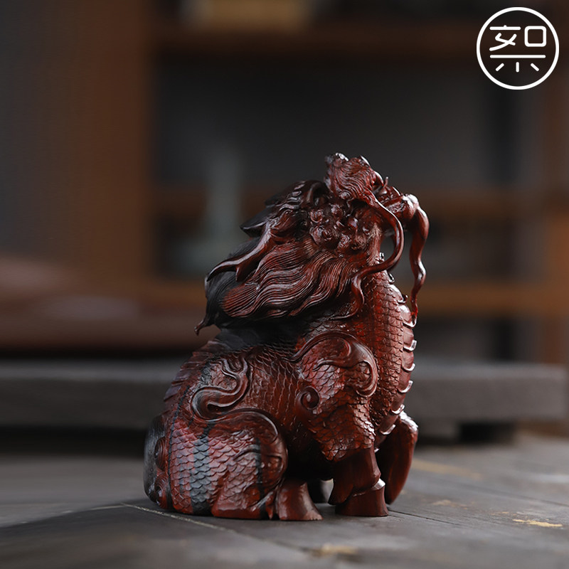 絮旧麒麟摆件印度小叶紫檀木雕工艺品手工雕刻小件复古中国风家用
