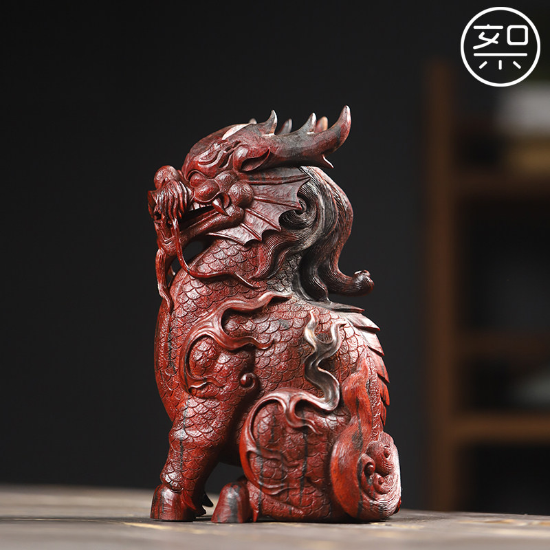 絮旧 麒麟摆件 印度小叶紫檀木雕工艺品湘工手工雕刻家用客厅中式