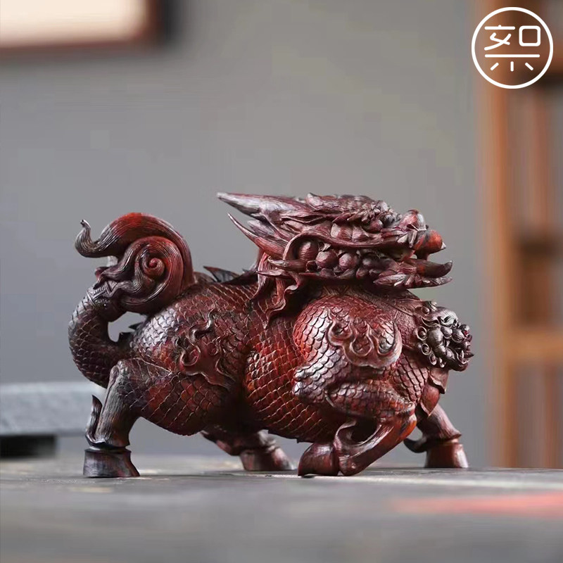 絮旧麒麟摆件印度小叶紫檀木雕工艺品手工雕刻复古中国风家用客厅