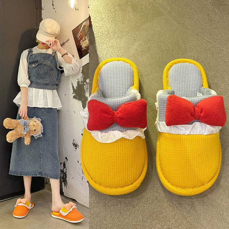 蝴蝶结棉拖鞋女秋冬室内外白雪公主毛毛拖鞋甜美可爱家居鞋少女心