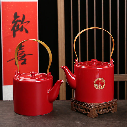 喜庆婚庆大号酒红色陶瓷泡茶壶