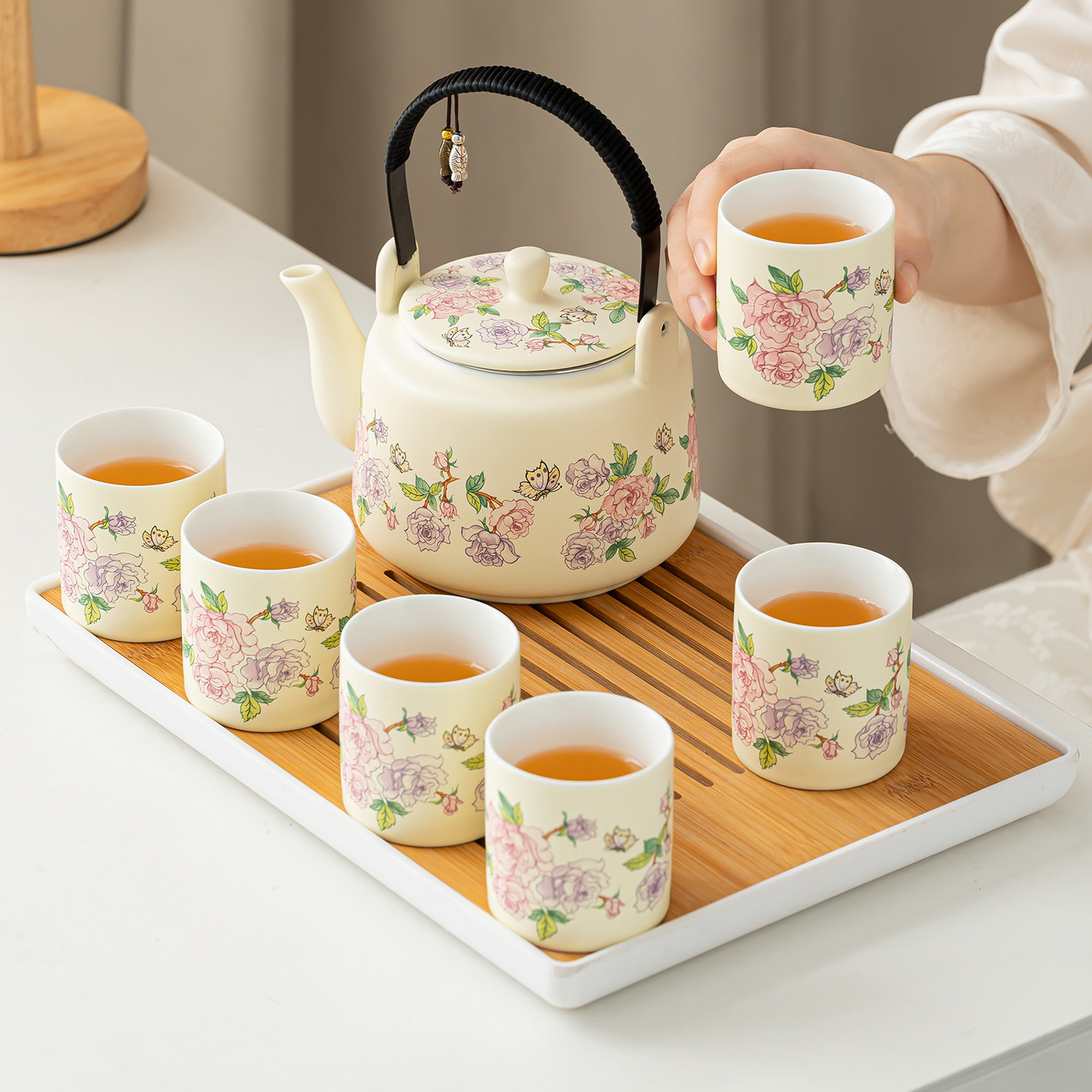 提梁壶功夫茶具套装陶瓷家用少女简约现代泡茶壶茶杯礼品套组生日,餐饮具,功夫茶具,淘宝优惠券,粉丝福利购,淘宝优惠卷