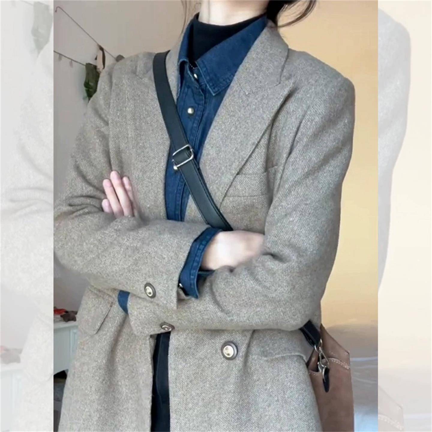 高级感毛呢西装外套秋冬加厚新款韩版宽松小个子休闲呢子大衣短款