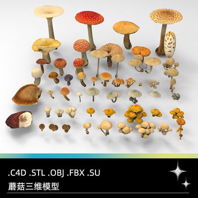 C4D FBX STL OBJ SU Maya植物野生蘑菇菌子香菇三维模型素材文件