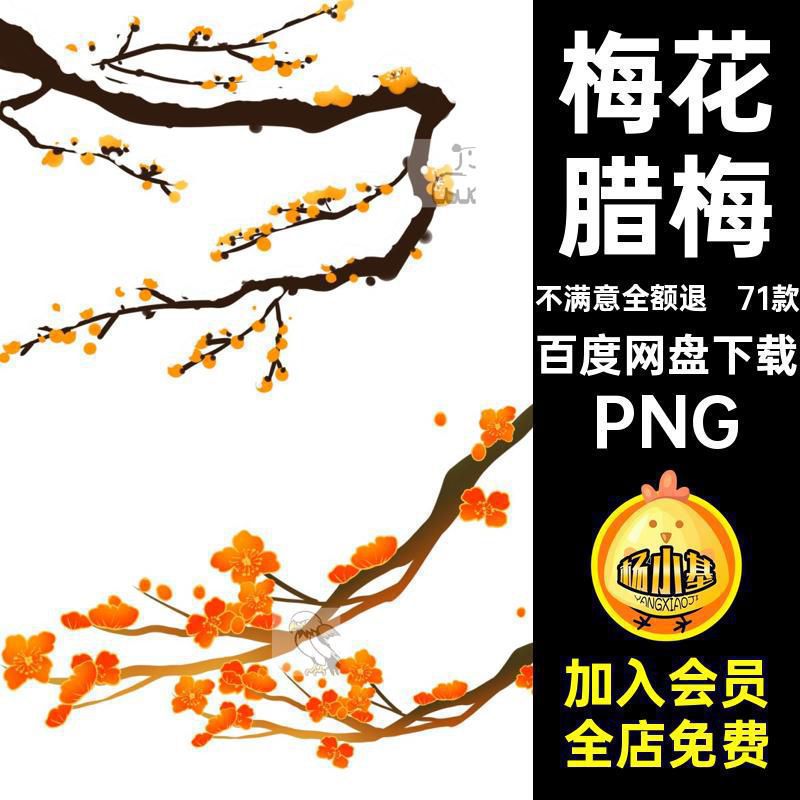 71款国潮梅花素材透明背景中国风线描金水墨腊梅PNG免扣装饰素材