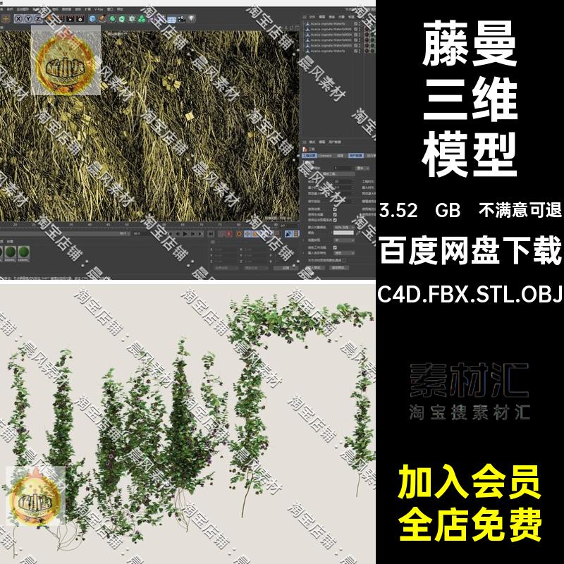 C4D FBX STL OBJ藤曼相思树花叶狗枣猕猴桃狐尾天门冬多花竹叶