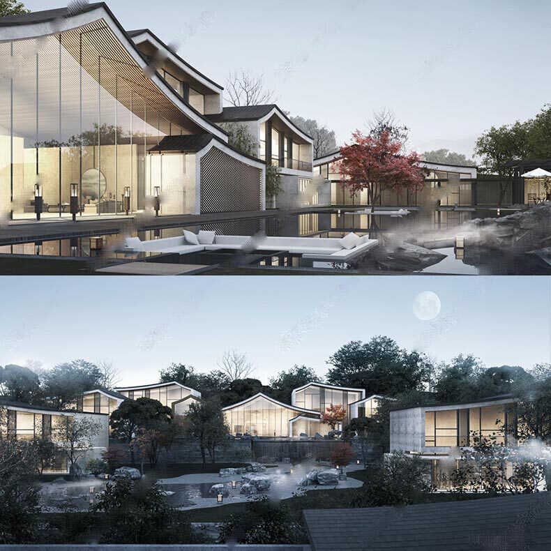 新中式古典江南风禅意简约坡面屋顶民宿酒店度假村景观建筑su模型