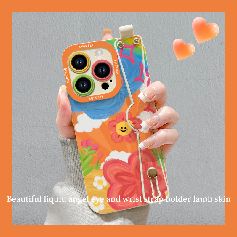 油画花朵适用苹果15promax手机壳iPhone14/13创意腕带12mini支架11promax液态硅胶xs/xr全包防摔7/8p女保护套