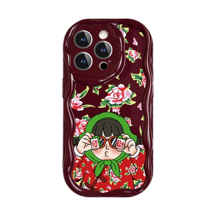 酒红色适用苹果15promax手机壳iphone14保护套ip13/12套iPhone11新款秋冬14plus东北花袄女孩超火软奶油框女