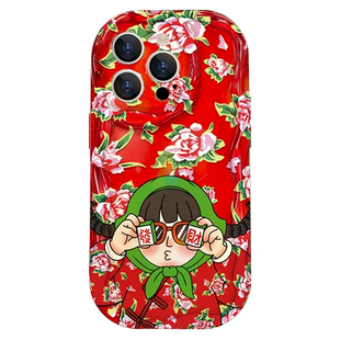 适用苹果15手机壳东北大花袄iphone14promax秋冬新年红13/12pro女款硅胶xs奶油纹7/8plus全包防摔se3/2保护套