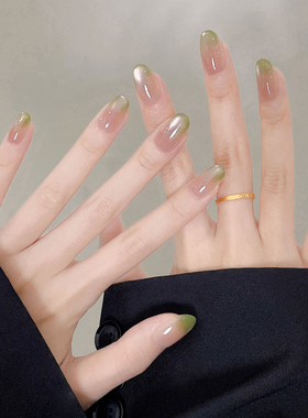 手工穿戴甲短款2026新款高级感夏日清透绿色猫眼美甲贴片山野春光