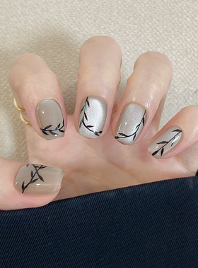 手工定制穿戴甲猫眼短款温柔手绘竹子美甲成品假指甲贴烟波竹影