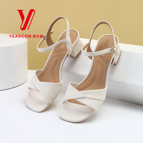 意尔康凉鞋女夏季2024新款一字带高跟鞋女款粗跟通勤时装气质外穿