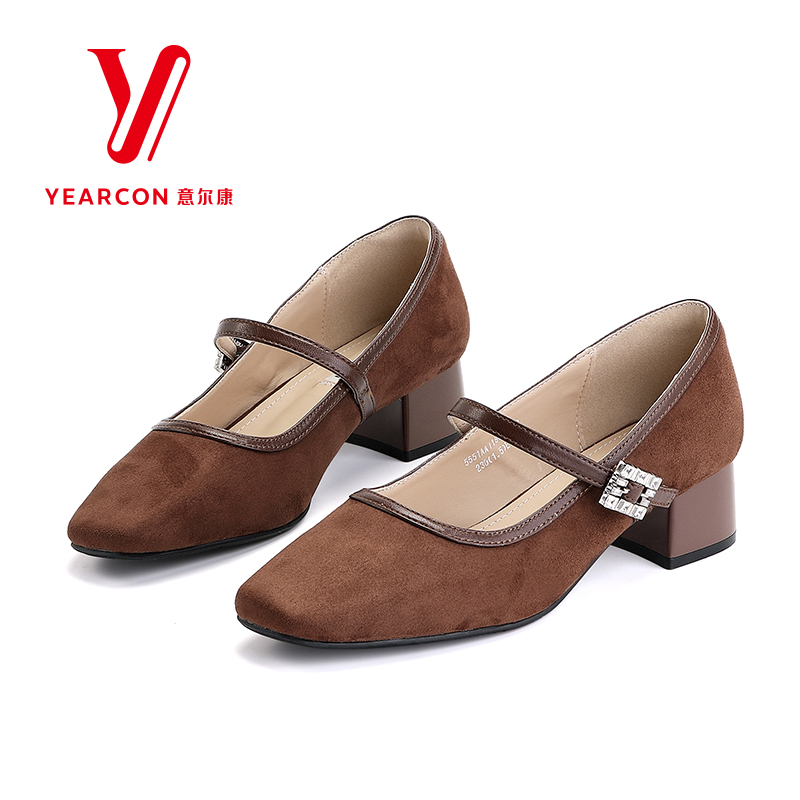 意尔康女鞋2025新款秋季高跟鞋女粗跟浅口方头单鞋舒适时装鞋软底