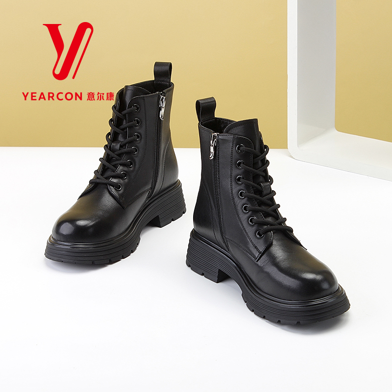 意尔康女鞋2024新款冬季真皮马丁靴女款粗跟加绒短靴粗跟机车靴子